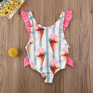 Girl girls toddler swimsuit one-piece ruffle bow ice cream cute adorable new